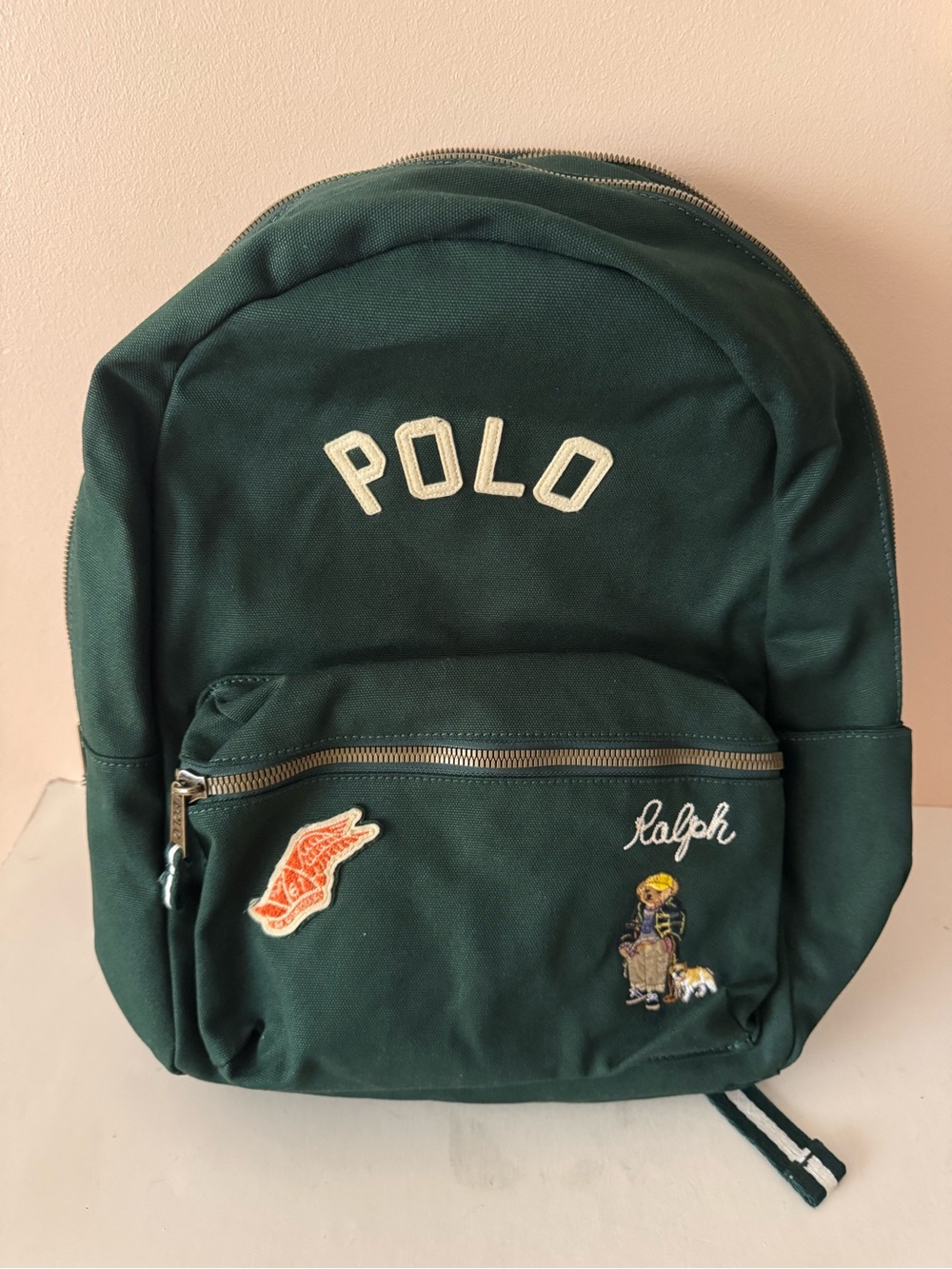 Polo Ralph Lauren Embroidered Bear & Dog Forest Green Backpack. New - Picture 5 of 10
